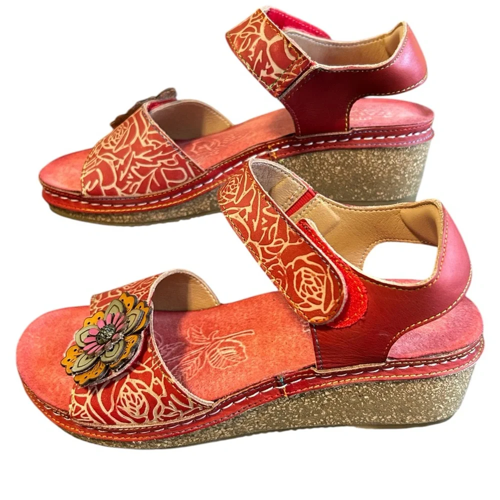 LARTISTE by Spring Step Leather Wedge Sandals Red Women 6.5 - 7 EU 37